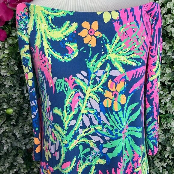 Lilly Pulitzer Indigo All A Glow Tropical Floral Laurana Off The Shoulder Dress - Picture 9 of 13